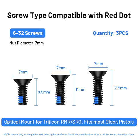 Nine Piece Red Dot Mounting Screw Set With Blue Thread Locker Size 6 32 Stainless Steel Screws In 7mm Diameter Includes 9.5mm 11mm And 12.5mm Lengths For Trijicon RMR SRO Optical Mounts Pro Grade Install Durable Construction front view