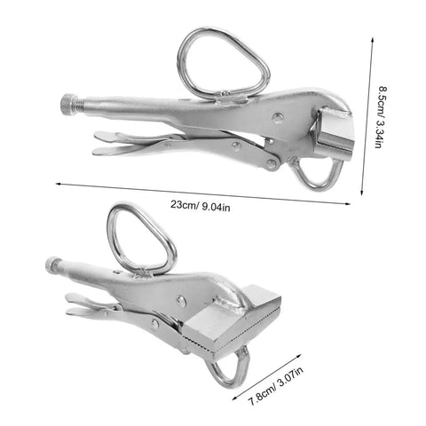 Beefy Heavy Duty Locking Sheet Metal Pliers with wide duckbill jaw, ergonomic manual welder clamp, and dimensions for auto bodywork.