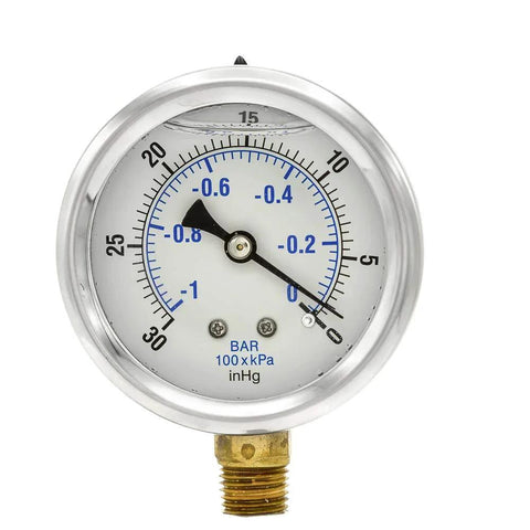 Heavy Duty Dual Scale Vacuum And PSI Pressure Gauge With Two And A Half Inch Dial One Quarter Inch Male NPT Bottom Mount Glycerin Filled
