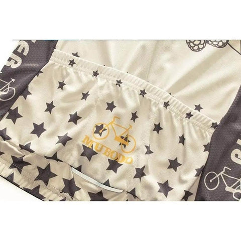 Cycling jersey with star pattern and bicycle graphic, featuring back pocket panel, close-up view.