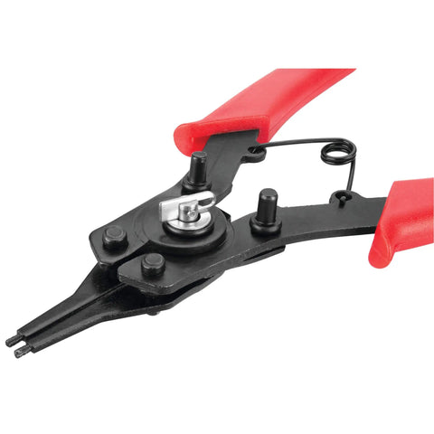 Go To Five Piece Interchangeable Jaw Snap Ring Plier Set With Straight 45 Degree And 90 Degree Angles For Internal And External Rings Includes Four Tip Assemblies And Vinyl Grip Handles For Precise Control shown with close-up on the jaws and grip.