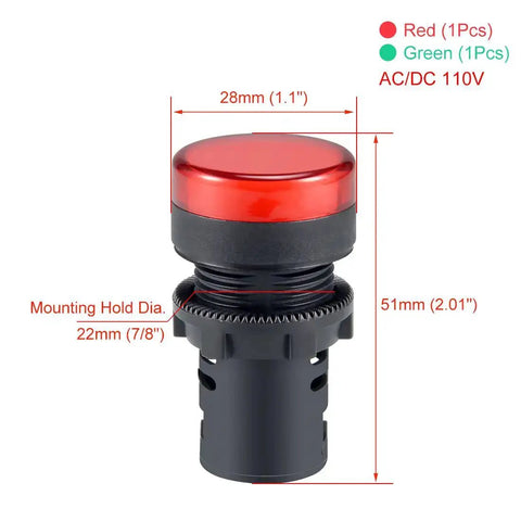 Two Pack Red And Green LED Indicator Lights AC/DC 110V 22mm Panel Mount, red light close-up view, showing dimensions and mounting details.