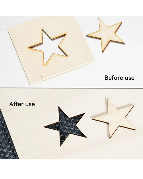 Comparison of wood cuts before and after using Honeycomb Laser Bed For ATOMSTACK F2N 350x350mm Work Table With Beefed Up Heat Dissipation Pro Grade Black Compatible With Most Engraving Machines For Cleaner Cuts And Enhanced Stability