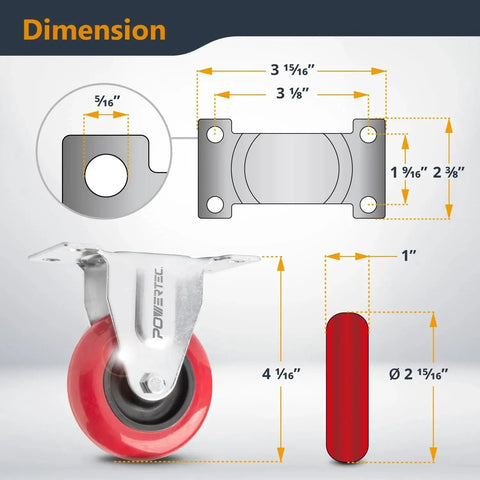 3 Inch Fixed Plate Caster Wheels Set Heavy Duty Rubber Casters 640 Lb Load Capacity Non Marring Dimensions Diagram