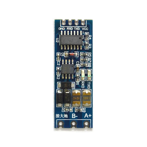 Front view of Bi-Directional TTL to RS485 Converter Module Kit with Auto Direction Control for Industrial Automation, featuring LED RX TX indicators.