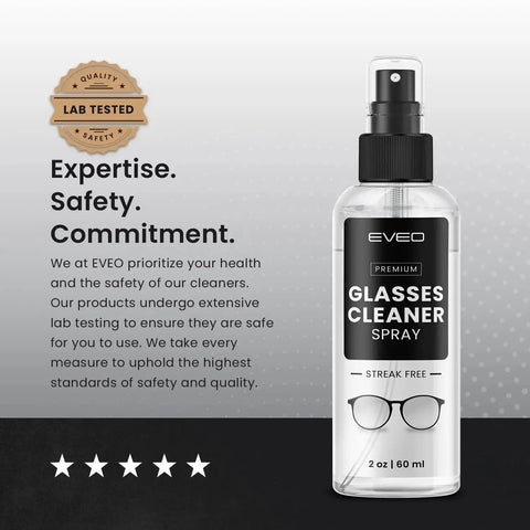 Streak-Free Glasses Cleaner Spray with lab tested badge, highlighting safety and expertise. 2 oz bottle with glasses icon.