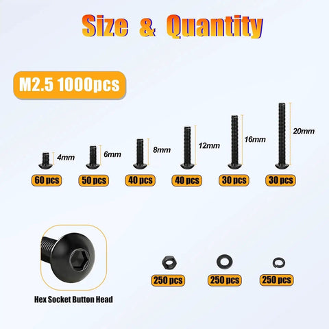 M2.5 Metric Screw and Washer Kit Set With Locking and Flat Washers 1000Pcs Grade 10.9 Alloy Steel shown by sizes up to 20mm.
