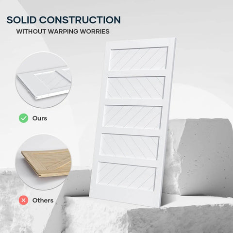 White Five Panel Barn Door With 7 Foot Track Kit Included 42 By 84 Inch Solid MDF Wood Slab Covered With Waterproof Scratch Resistant PVC Surface DIY Assembly And Easy Install, showcasing solid construction against warping.