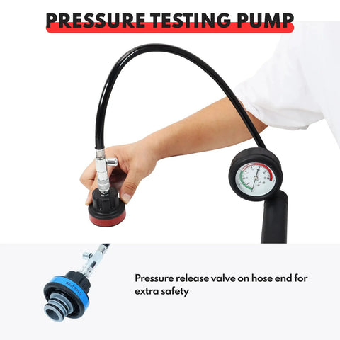 Hand holding component from Radiator Cooling System Pressure Tester And Vacuum Refill Kit For Cars And Trucks, pressure gauge visible.