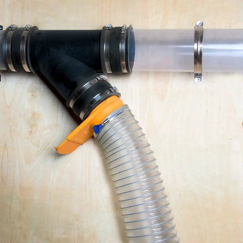 4 Inch Anti Static Dust Collection Hose 10 Feet Flexible PVC for table saw connection with steel spring on plywood wall