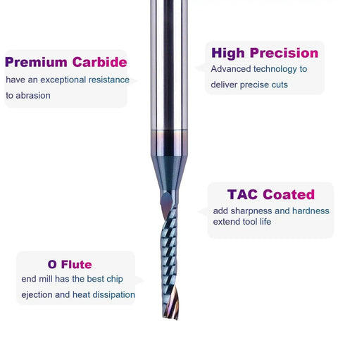 Precision One Eighth Inch Carbide O Flute Spiral Router Bit With Durable Coating For Acrylic And Non Ferrous Metal CNC Milling Cutter Two And A Half Inch Overall Length Three Quarter Inch Cutting Length One Quarter Inch Shank SpeTool with annotations on features.