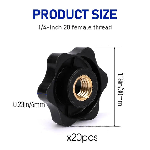 Close-up of a black star knob with a brass insert, showing product size and dimensions, for 20 Pack 1/4-20 Star Knobs With Brass Insert Hex Head For Jigs And Clamping.