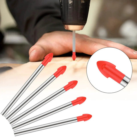 Tile Drill Bits Set 20 Pieces 6 Mm Carbide Tips For Glass Ceramic Concrete Brick And Plastic, shown in use on wood