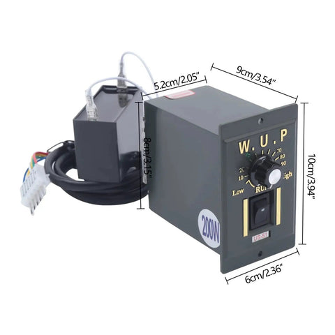 Variable Speed 110V Gear Reduction Motor 200W With Reversible High Torque Gearbox and speed controller, dimensions labeled.