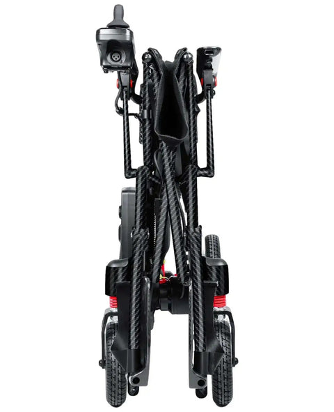 Front view of folded Ultralight Carbon Fiber Electric Wheelchair For Adults And Seniors Foldable Travel Mobility Aid Airline Approved All Terrain Motorized Chair With Twelve Point Four Mile Range.