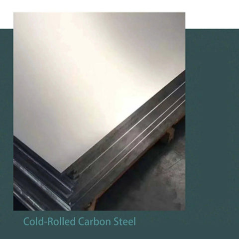 Stack of cold-rolled carbon steel sheets on a warehouse floor, visible in steel grey color, suitable for industrial applications.