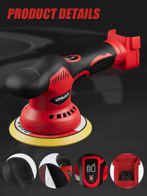 Cordless Car Polisher And Orbital Buffer with six speeds up to 5500 RPM, no battery, compatible with 18V batteries, close-up view