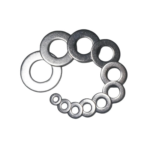 Flat washer set, 18 pcs, 304 stainless steel, 3/4 in inner diameter, assorted sizes.