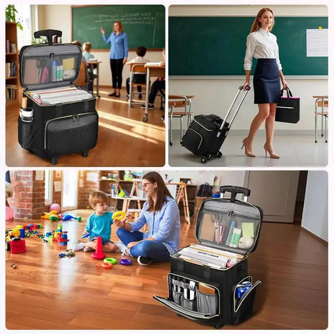 Rolling Teacher Bag With Detachable Dolly And File Compartment, classroom use, versatile for teachers and office work, organized storage.