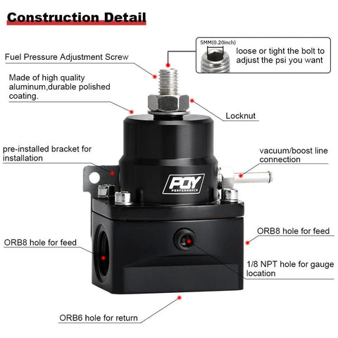 PQY adjustable EFI fuel pressure regulator kit, black finish, 3-70 PSI with AN8 feed port and AN6 return port