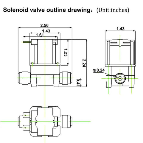 Technical diagram showing dimensions of AC 110V Inlet Water Solenoid Valve One Quarter Inch Quick Connect Normally Closed High Pressure Electric Valve For RO Systems Water Dispenser Purifier Plug And Play Easy Install Replacement Part