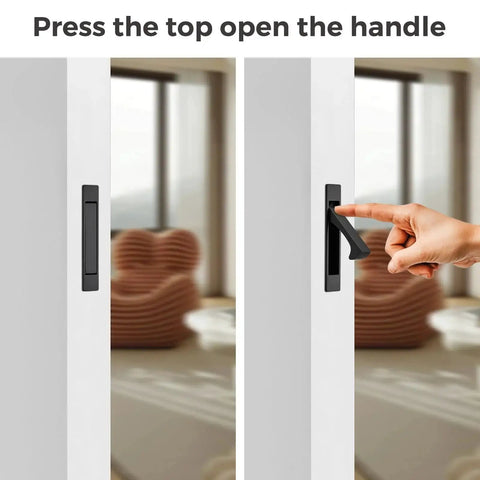 Demonstrating operation of Matte Black Flush Mount Pocket Door Pull Handle with Edge Pull for sliding doors self retracting mechanism.