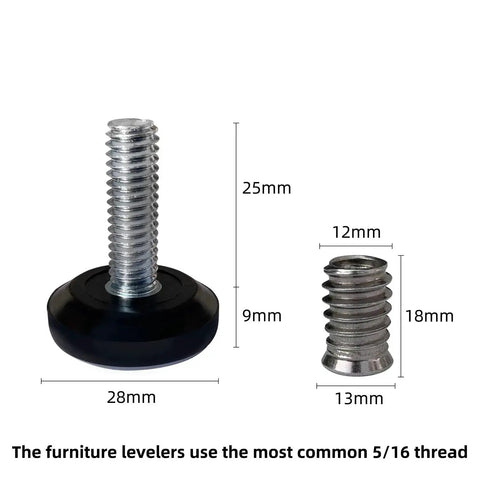 Heavy-Duty 5/16 Inch Threaded Leveling Feet For Furniture Screw On Adjustable Leg Levelers With 5/16-18 UNC Thread 28mm Teflon Nylon Base Foot Pads Set Of 16 For Tables Chairs And Bar Stools shown with measurements