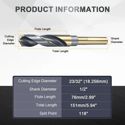 Product diagram displaying dimensions of 23/32 Inch Drill Bit Pro Grade With 1/2 Inch Reduced Shank 3 Flat Shank 4241 High Speed Steel Black Gold Finish For Light Duty Machining Acrylic Plastic Wood Soft Metal