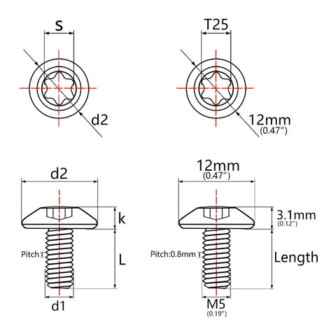 Technical diagram of Beefy Titanium Button Torx Head Bolts Set For Bicycles And Motorcycles M4 M5 M6 with measurements and specs