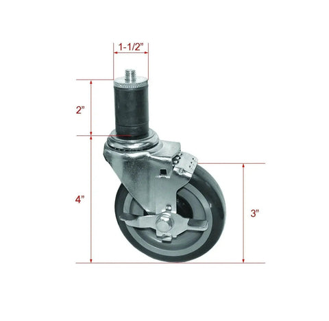 Expanding Stem Caster With Side Brake For Commercial Kitchen Prep Tables, 3-Inch Polyurethane Wheel, shown with dimensions.