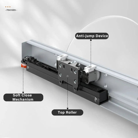 Concealed Sliding Barn Door Hardware Kit With Soft Close Mechanism And Invisible Floor Track, close-up view of top roller and anti-jump device.