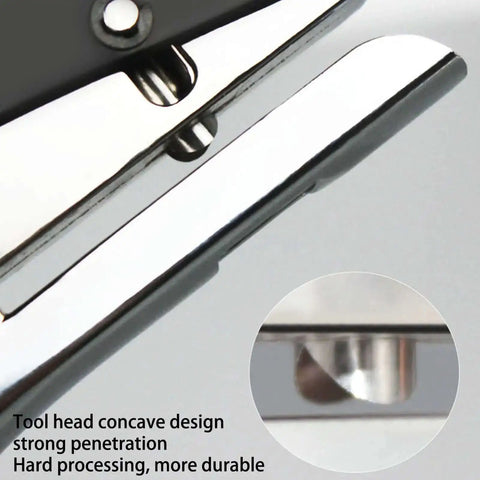 Close-up of metal tool head of Pro Grade Heavy Duty Single Hole Punch 6mm Round Metal Handheld Punch Tool For ID Badges PVC Cards Photos Bank