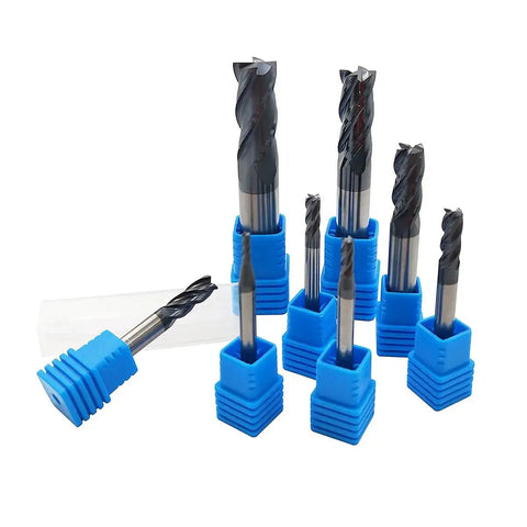 Carbide End Mill Set For CNC Machining With 4 Flutes, Pro Grade Tungsten Steel Milling Cutters And Router Bits, 8 Pieces Displayed