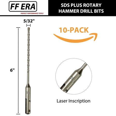 SDS Plus 5 by 32 Inch by 6 Inch Carbide Tipped Rotary Hammer Drill Bits, 10 Pack with dimensions and laser inscription detail.