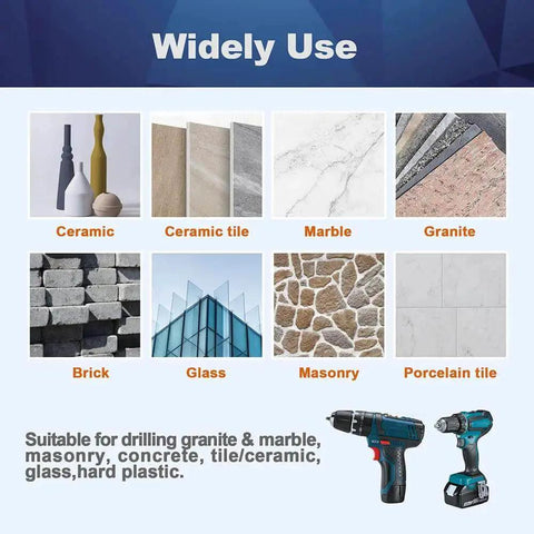 Materials suitable for Dry Diamond Core Drill Bit Set 5pc One Quarter Inch 6mm Diamond Hole Saw Core Drill Bits with Triangle Shank, including ceramic, marble, granite, and masonry, with cordless drills shown.