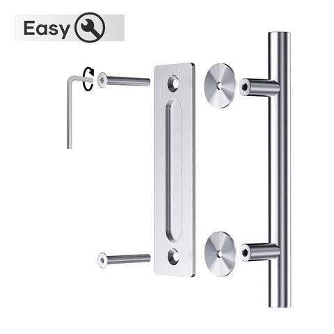 12 Inch Stainless Steel Sliding Barn Door Handles And Pulls Set With Flush Mount Hardware in brushed finish, disassembled view