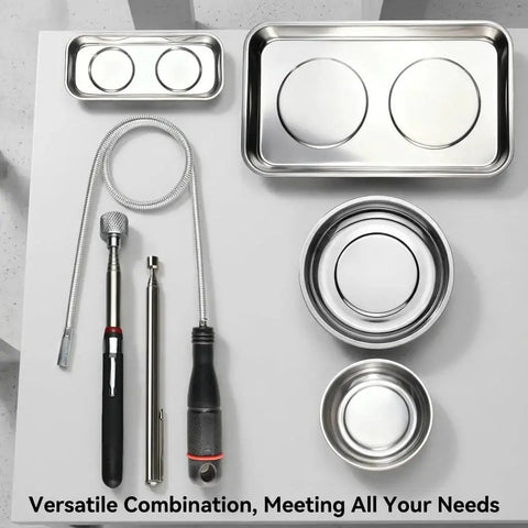 Telescoping Magnetic Pickup Tools Set With A Pro Grade 31 Inch Reach, 25 Inch Pen Style Magnet, trays, bowls, and spring grabber