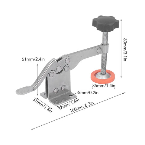 Pro Grade Non Slip Quick Release Toggle Clamp Set For Woodworking Jigs And Fixtures With Rubber Tip dimensions shown