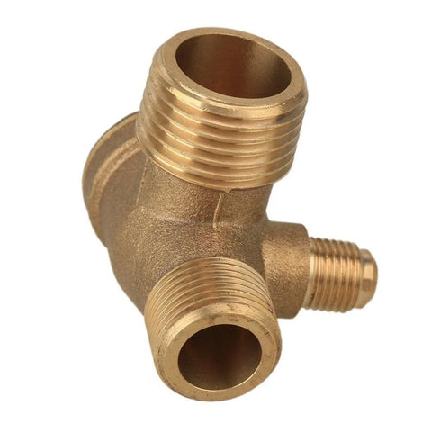 Brass three-port air compressor check valve fitting with three male threaded ports (G1/8, G3/8, G1/2)