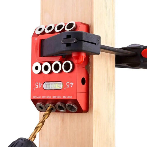 Angle Drill Guide Jig Made From Aluminum Alloy With Table Block Attachment For Wood Posts And Cable Railing Deck Projects