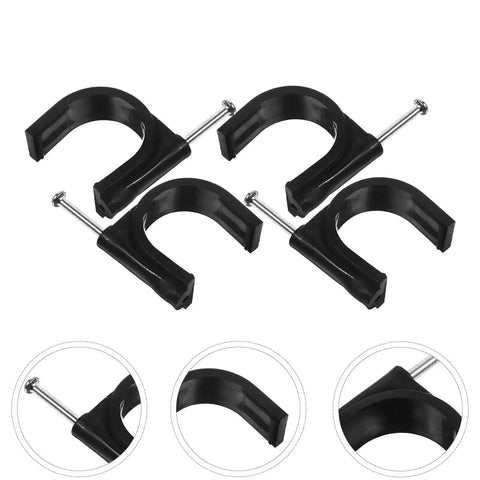 Close-up of black 25mm round plastic tube clamps with steel nails, showing heavy-duty half clamp fixtures for pipe support