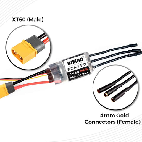 Beefed Up High Performance Brushless Motor And 80 Amp ESC Combo For One Eighth And One Tenth Scale RC Crawlers Including Axial SCX10 And TRX 4 TRX 6 Off Road Trucks With USB Linker Speed Control Programming, showing XT60 male and 4mm gold female connectors.