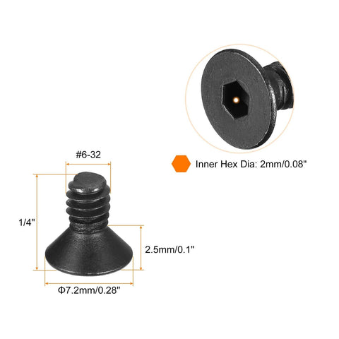 Six-32 By One Quarter Inch Flat Head Socket Cap Screws Set, 10.9 Grade Carbon Steel With Hex Socket, Countersunk Fully Threaded Black Oxide Machine Screws, 20 Pieces