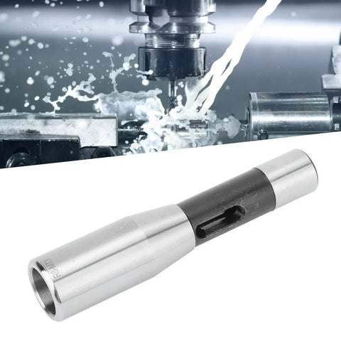 Front view of R8 to MT3 adapter sleeve; alloy steel, hardened, silver with black center slot