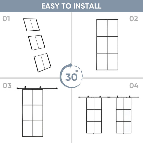 Installation steps for Double Barn Door Set 72 By 96 Inches With 12 Feet Hardware Kit Includes Two 36 By 96 Clear Tempered Glass Panels