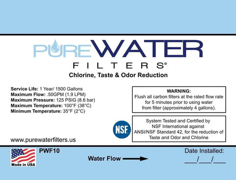 PureWater Filters inline water filter kit label showing NSF badge, Made in USA flag, water flow arrow and date-installed area.
