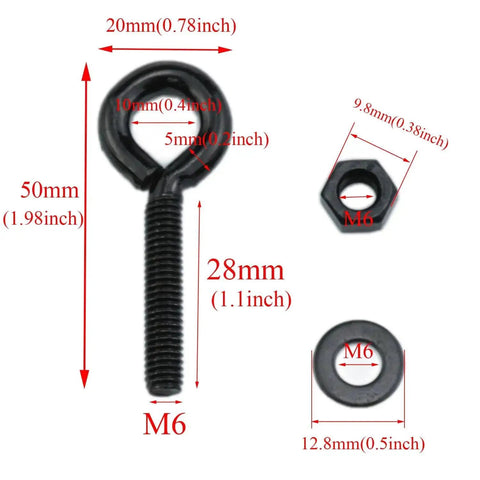 Beefy Heavy Duty Eye Bolts With Nuts And Washers 1/4 Inch By 1.18 Inch showing dimensions and sizes for lifting and securing