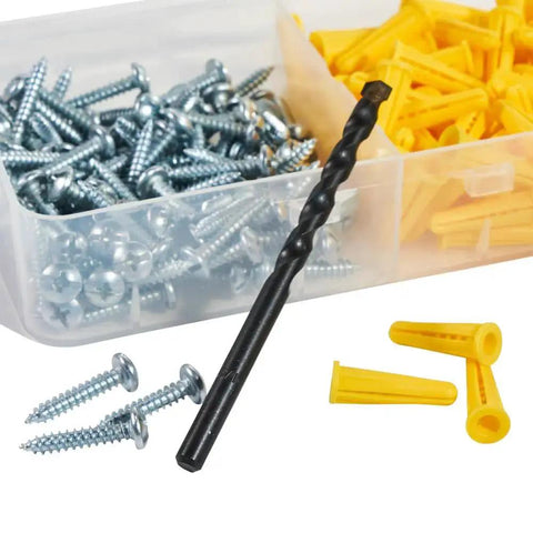 Conical Anchor Kit For Drywall And Masonry With 100 Anchors 100 Number Two Phillips Screws One Quarter Inch Masonry Drill Bit For Drywall And Masonry Applications Klein Tools in an open box, showing screws, anchors, and a drill bit