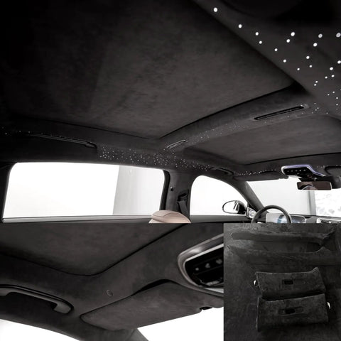 Black car interior with Suede Auto Headliner Fabric 120 By 60 Inches With Foam Backing installed, showcasing premium finish.