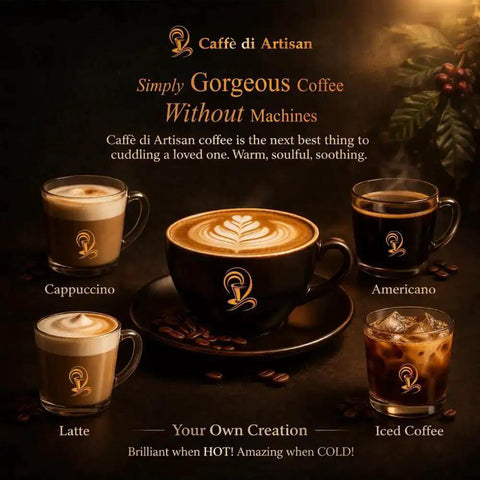 Assorted Caffè di Artisan coffee drinks including cappuccino, americano, latte, and iced coffee with decorative logo on cups